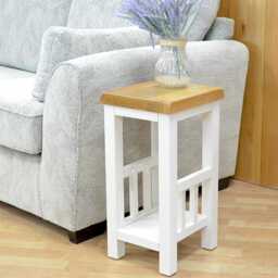 Painted Solid Wood Side Table White & Oak, Magazine Rack, Assembled