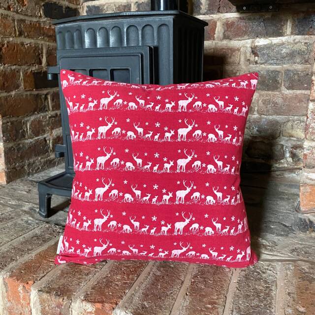 428. Handmade Christmas Reindeer in Red Linen/Cotton Cushion Cover. Various Sizes