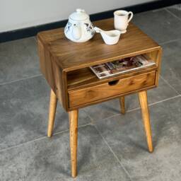 Walnut Nightstand With Drawer Bedside Table Scandinavian Style Narrow Side Handmade Bedroom Furniture - thumbnail 4