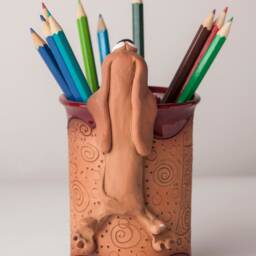 Handmade Ceramic Pen/Pencil Holder, Dachshund Design, Pencil Box With Fun Animals, Christmas Gift For Kids Organizing - thumbnail 2