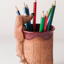 Handmade Ceramic Pen/Pencil Holder, Dachshund Design, Pencil Box With Fun Animals, Christmas Gift For Kids Organizing - thumbnail 3