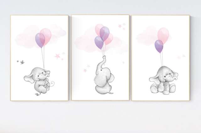 Elephant Balloon Nursery Print Pink & Purple Wall Art - image 1