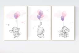 Elephant Balloon Nursery Print Pink & Purple Wall Art - thumbnail 1