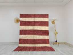 Handwoven Beni Ourain Wool Rug - Striped Red & Cream Moroccan Style With Fringe - thumbnail 1