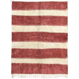 Handwoven Beni Ourain Wool Rug - Striped Red & Cream Moroccan Style With Fringe - thumbnail 3