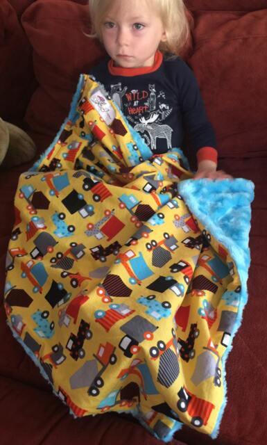 "Yellow Cars & Trucks Baby Blanket Blue Minky ""Rollin' River" - image 1