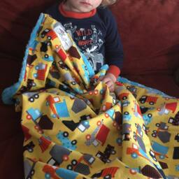 "Yellow Cars & Trucks Baby Blanket Blue Minky ""Rollin' River" - thumbnail 2