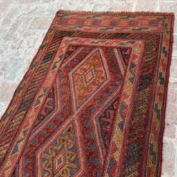 Geometric 2'7x12'10 Moshwani Runner Rug - Vintage Hand-Knotted Woolen , Contemporary Cozy Design Boho Kitchen Hallway - thumbnail 3