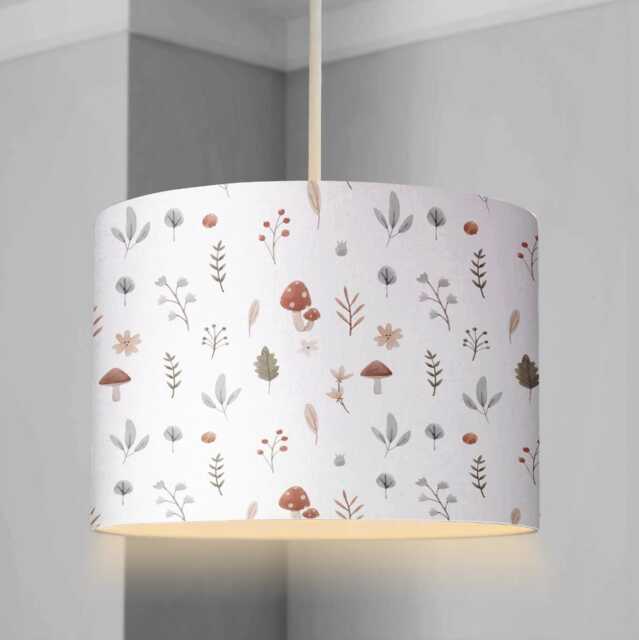 Lampshade - Woodland Mushrooms Floral Nursery Ceiling Or Table Lampshade, Childrens Room Round Decor - image 1