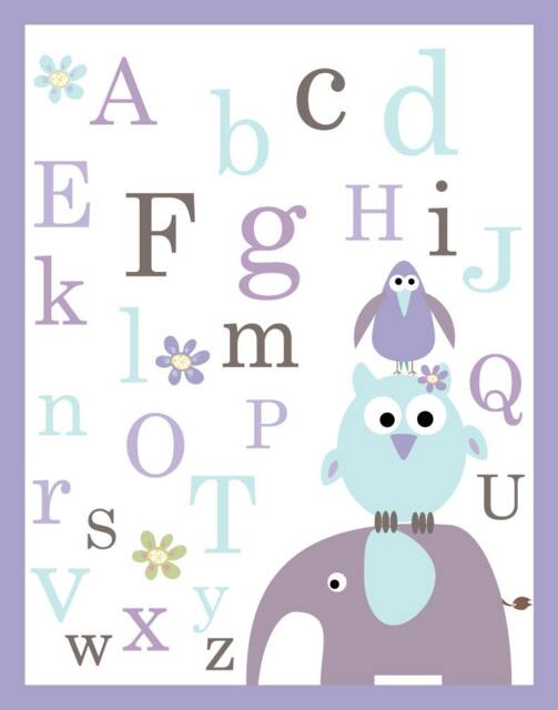 Kids Wall Art Nursery Decor, Baby Girl Room Art, Set Of Two 11x14 Poster Print, Purple, Blue, Gray, Owl, Giraffe, Abc - image 1