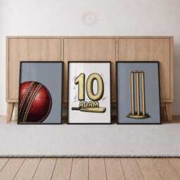 Personalised Cricket Prints - Boys Bedroom Wall Art, Blue Name & Number Poster Set Of 3 - thumbnail 3