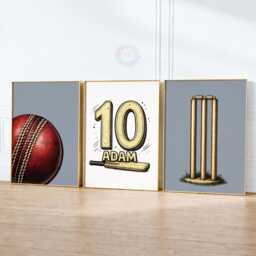 Personalised Cricket Prints - Boys Bedroom Wall Art, Blue Name & Number Poster Set Of 3