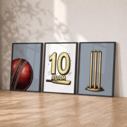 Personalised Cricket Prints - Boys Bedroom Wall Art, Blue Name & Number Poster Set Of 3 - thumbnail 2