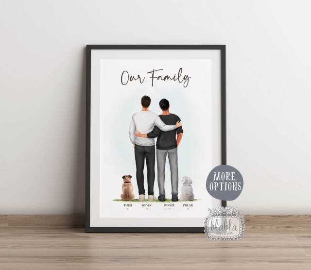 Personalised Gay Couple With Pets Gift, & Pet, Family Illustration, Anniversary Gift For - image 1