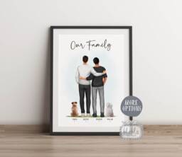 Personalised Gay Couple With Pets Gift, & Pet, Family Illustration, Anniversary Gift For - thumbnail 1