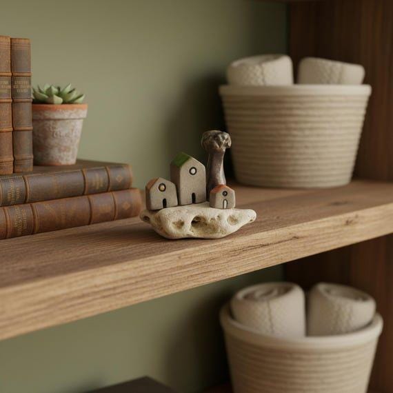 Ceramic House Sculpture, Handmade Clay Home Decor, Beach Stone Base - image 1