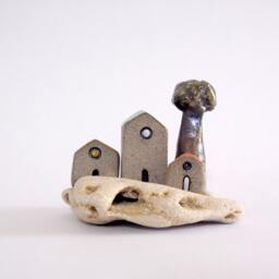 Ceramic House Sculpture, Handmade Clay Home Decor, Beach Stone Base - thumbnail 2