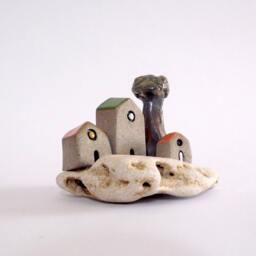 Ceramic House Sculpture, Handmade Clay Home Decor, Beach Stone Base - thumbnail 3