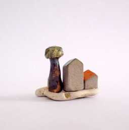 Ceramic House Sculpture, Handmade Clay Home Decor, Beach Stone Base - thumbnail 4