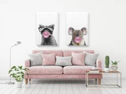 Raccoon & Koala Chewing Bubble Gum. Kids Room Decor. With Pink Gum Canvas. Animal Wall Art. Canvas Painting. Print Set Of 2 - thumbnail 1