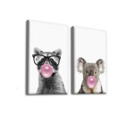Raccoon & Koala Chewing Bubble Gum. Kids Room Decor. With Pink Gum Canvas. Animal Wall Art. Canvas Painting. Print Set Of 2 - thumbnail 2