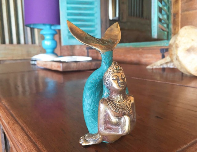 Mermaid Statue Antique - Vintage Look Nautical Sculpture Hand Carved Brass Beach House Decor Goddes Of The Sea Yoga - image 1