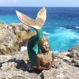 Mermaid Statue Antique - Vintage Look Nautical Sculpture Hand Carved Brass Beach House Decor Goddes Of The Sea Yoga - thumbnail 3