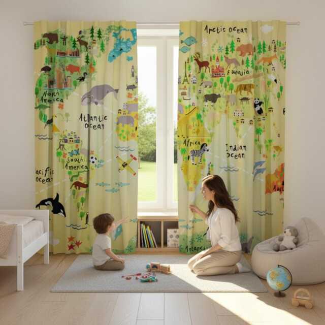 Window Curtains Kids , Living Room , Blackout , Kids Maps , Nursery - image 1