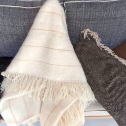 Moroccan Wool Throw Blanket With Braided Fringes - Hand Woven Organic Made By Berber Weavers Handmade Sofa Couch - thumbnail 2