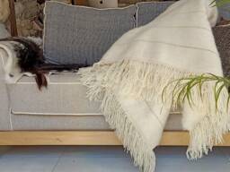 Moroccan Wool Throw Blanket With Braided Fringes - Hand Woven Organic Made By Berber Weavers Handmade Sofa Couch