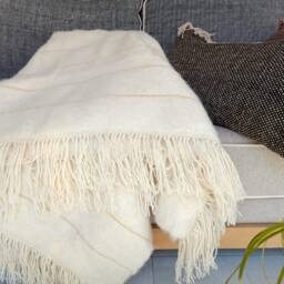 Moroccan Wool Throw Blanket With Braided Fringes - Hand Woven Organic Made By Berber Weavers Handmade Sofa Couch - thumbnail 3