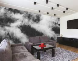 Misty Mountain Art Peel & Stick Mural, Foggy Forest, Removable Renter Wallpaper
