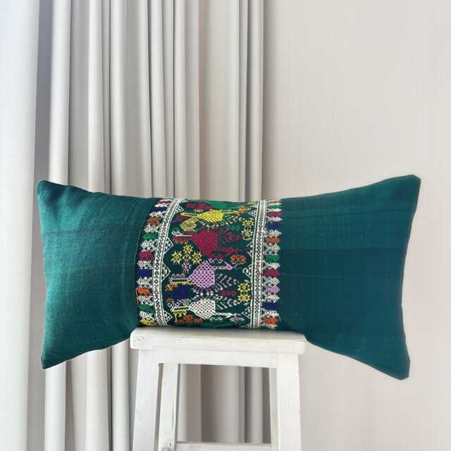 Vintage Silk Lumbar Pillow Cover Handwoven Ethnic Textile - 16 X 32 Inches - image 1