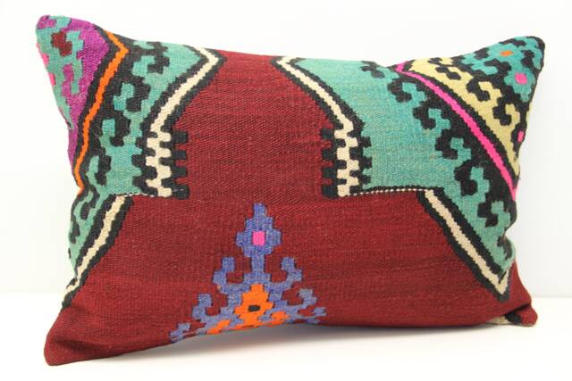 Turkish Kilim Lumbar Pillow Cover - 16x24 Inch, Wool & Cotton - image 1