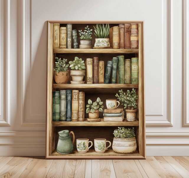 Cozy Bookshelf Print, Vintage Library Poster, Botanical Book Lover Art - image 1