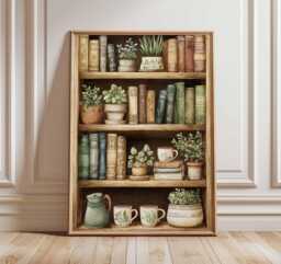 Cozy Bookshelf Print, Vintage Library Poster, Botanical Book Lover Art - thumbnail 1