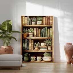 Cozy Bookshelf Print, Vintage Library Poster, Botanical Book Lover Art - thumbnail 2