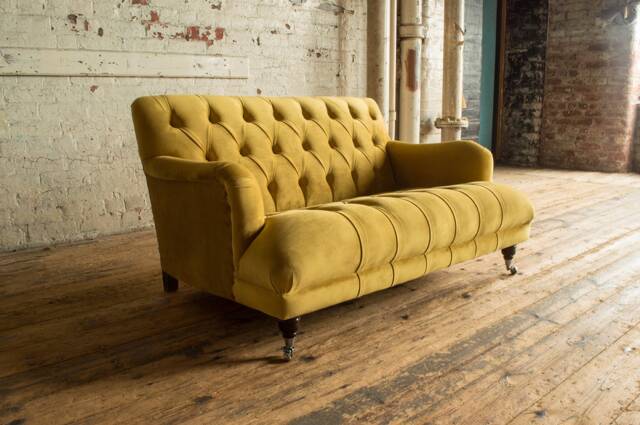 2 Seater Mustard Velvet Fabric Chesterfield Sofa, Handmade - image 1