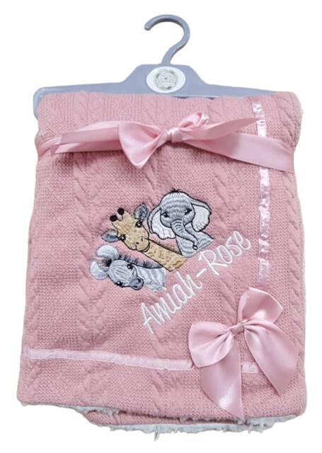 Personalised Safari Elephant Zebra Giraffe Embroidered Cable Wrap W/Large Bow Baby Blankets 90cm 5 Colors Super Soft New - image 1