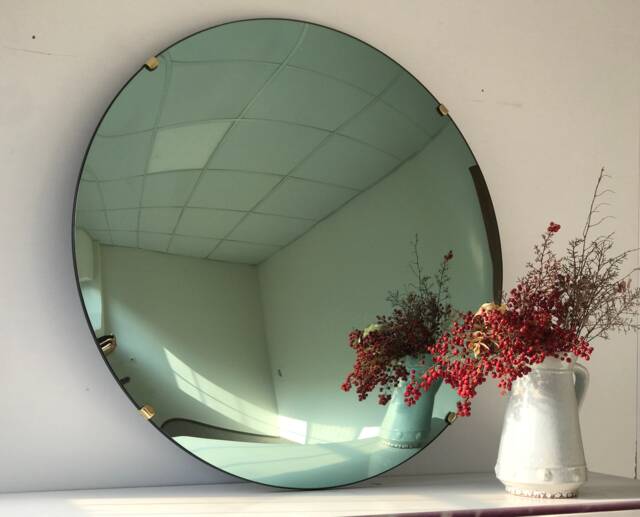 Handcrafted Green Tinted Convex Wall Mirror With Brass Clips - image 1