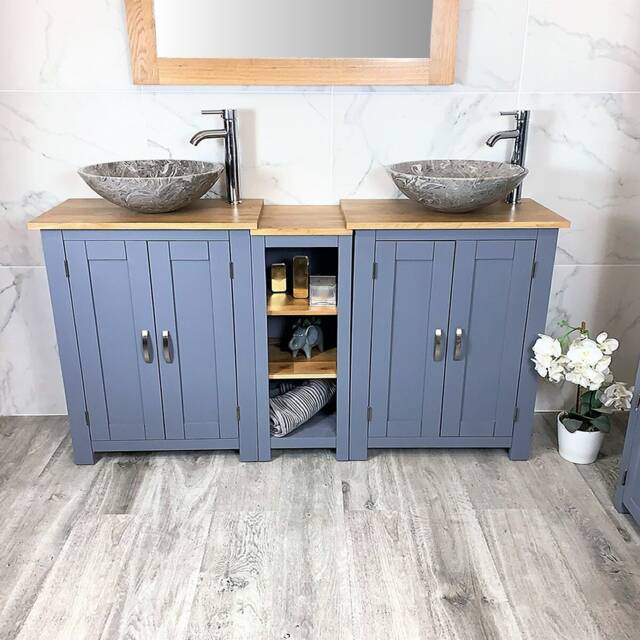 Bathroom Vanity Unit - Sink Washstand Slimline Grey Painted With Oak Worktop & Sit On Basins Taps Plugs Included - image 1
