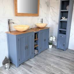 Bathroom Vanity Unit - Sink Washstand Slimline Grey Painted With Oak Worktop & Sit On Basins Taps Plugs Included - thumbnail 3