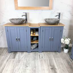 Bathroom Vanity Unit - Sink Washstand Slimline Grey Painted With Oak Worktop & Sit On Basins Taps Plugs Included - thumbnail 1