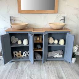 Bathroom Vanity Unit - Sink Washstand Slimline Grey Painted With Oak Worktop & Sit On Basins Taps Plugs Included - thumbnail 2