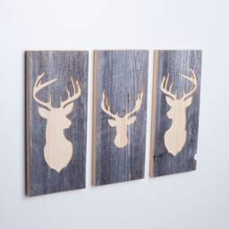 Set Of 3 Wall Pictures Stag Decor Wooden Reclaimed Wood - thumbnail 3