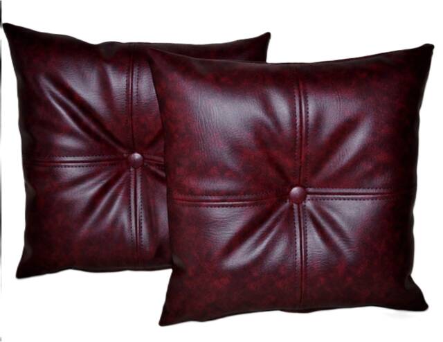"2 Oxblood Check Covered Buttons Faux Leather Cushions 16"" 18"" 20" - image 1