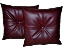 "2 Oxblood Check Covered Buttons Faux Leather Cushions 16"" 18"" 20" - thumbnail 1