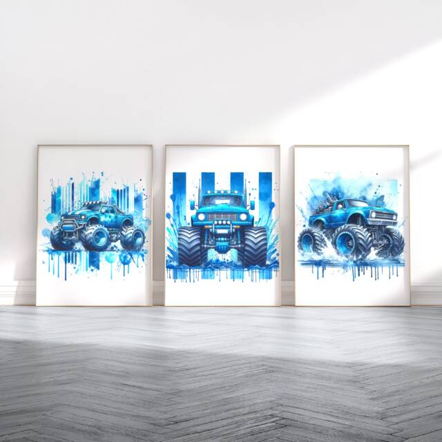 Blue Monster Truck Posters - Set Of 3 Prints - Boys Bedroom Artwork Car Wall Art Print Kids Room Home Decor Trucks Picture Vehicle - image 1