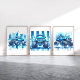 Blue Monster Truck Posters - Set Of 3 Prints - Boys Bedroom Artwork Car Wall Art Print Kids Room Home Decor Trucks Picture Vehicle - thumbnail 1