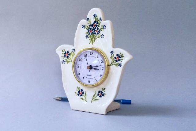 Hamsa Clock, Table Desk White Ceramic Shelf Retro Style Clock, Vintage Blue Flowers Hamsa, Handmade - image 1